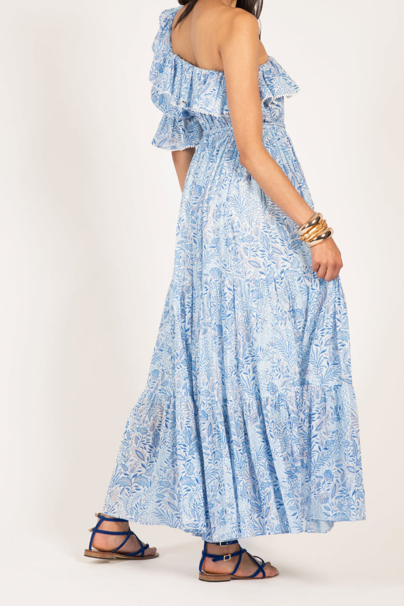Blue Palmarosa Long Dress by Poupette St Barth, featuring lightweight cotton mousseline fabric and a flowing, elegant silhouette.