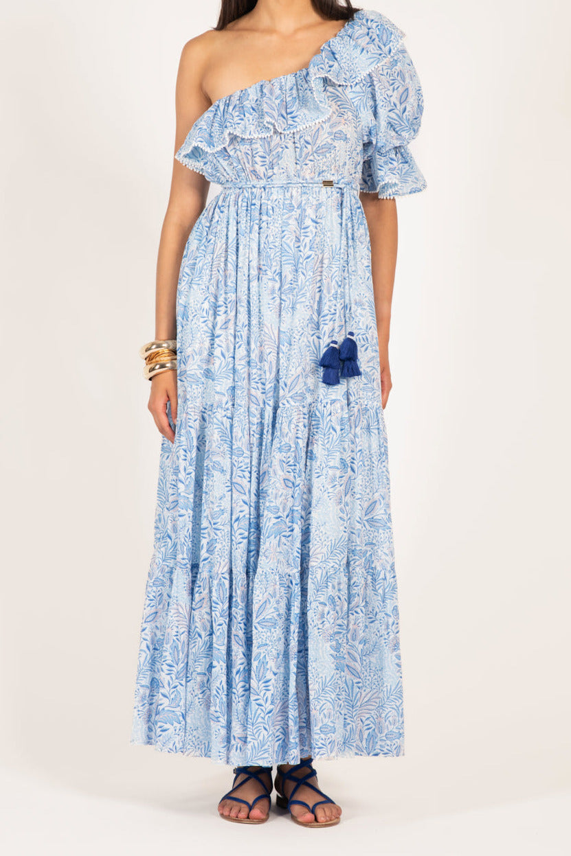 Blue Palmarosa long dress by Poupette St Barth, lightweight cotton mousseline fabric, flowing sleeveless design, elegant summer style.