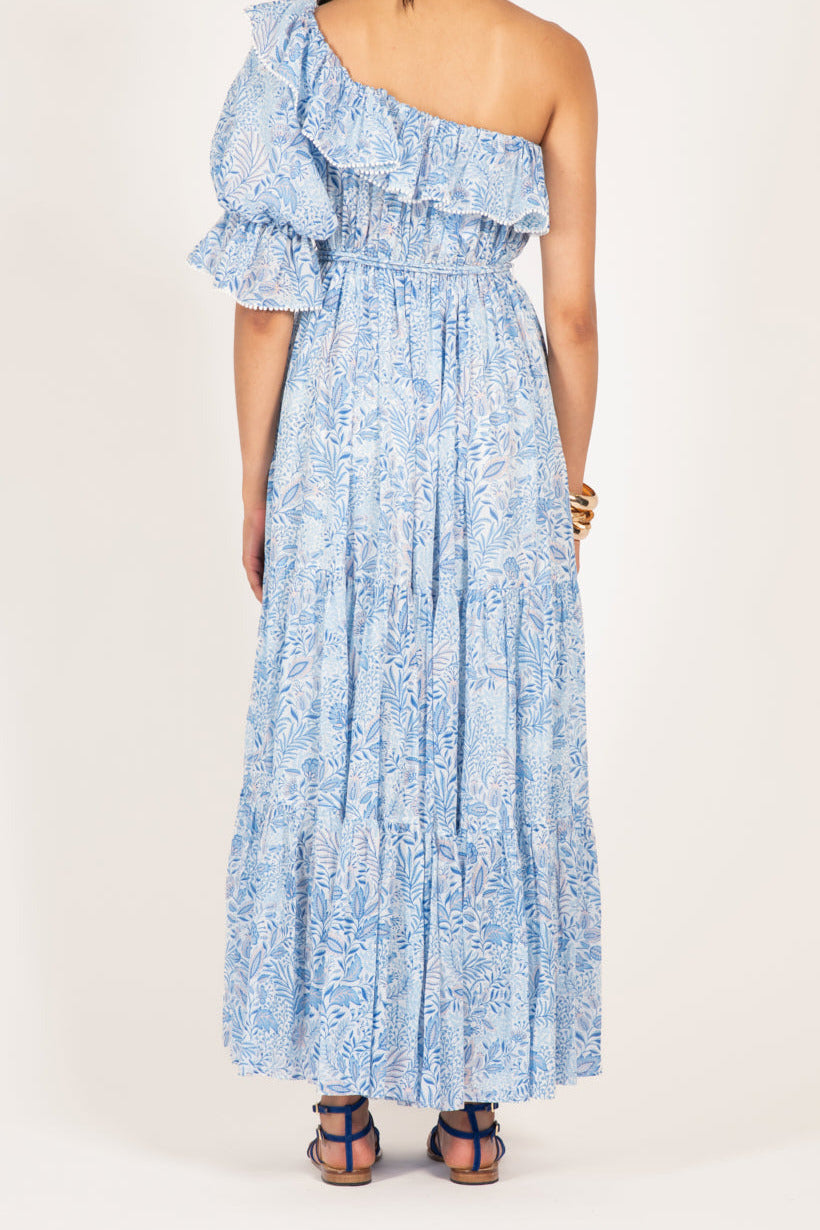 Blue Palmarosa long dress by Poupette St Barth, made of lightweight cotton mousseline, featuring a flowing, elegant silhouette.
