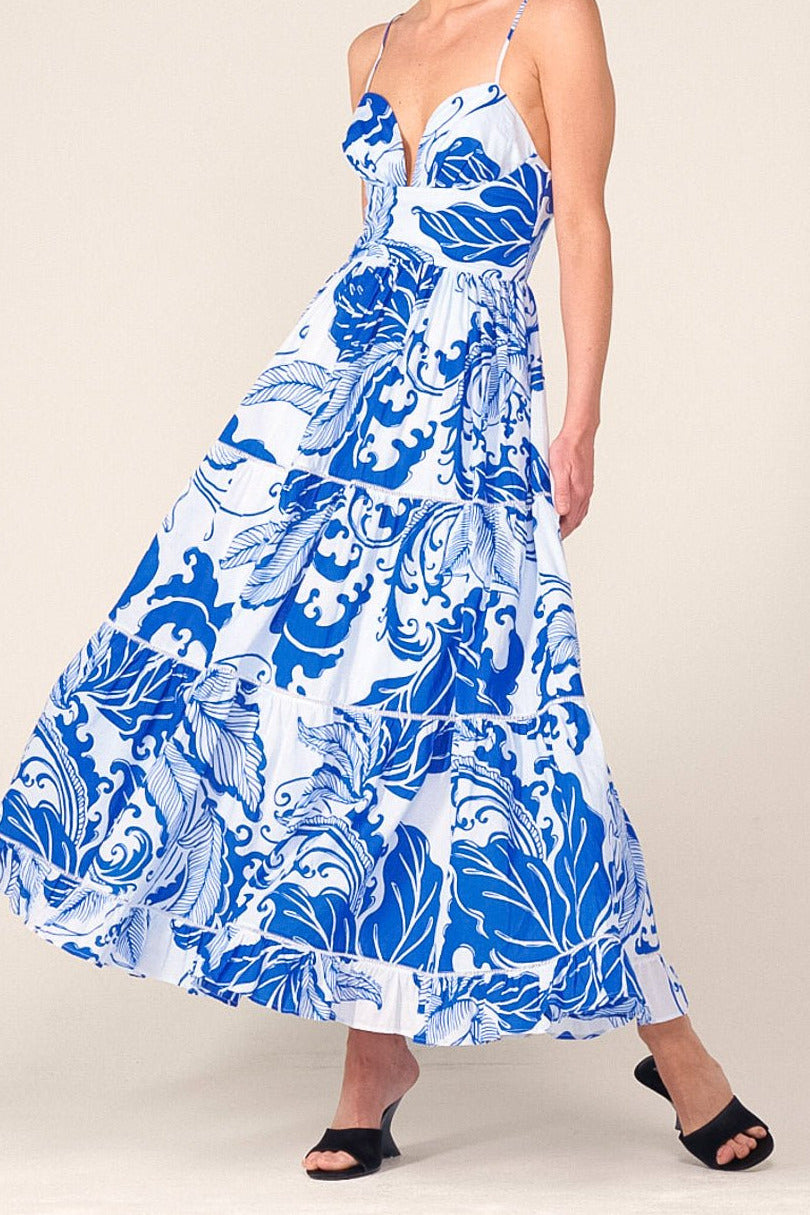 Blue Reef Wave long dress – Long Dress Milena by Poupette St Barth, full-length front view with sweetheart bodice