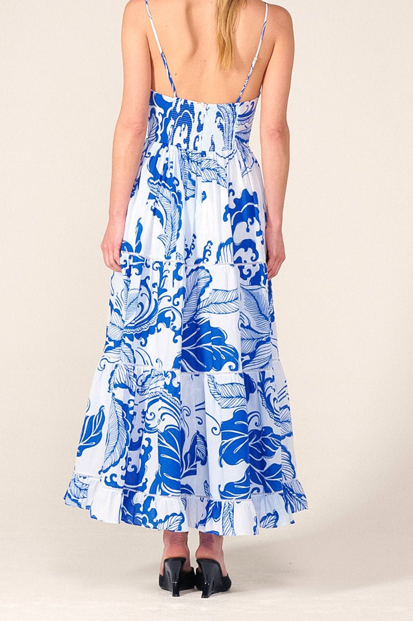 Poupette St Barth Long Dress Milena in Blue Reef Wave, cotton fabric, flowing design, sleeveless with a relaxed fit.