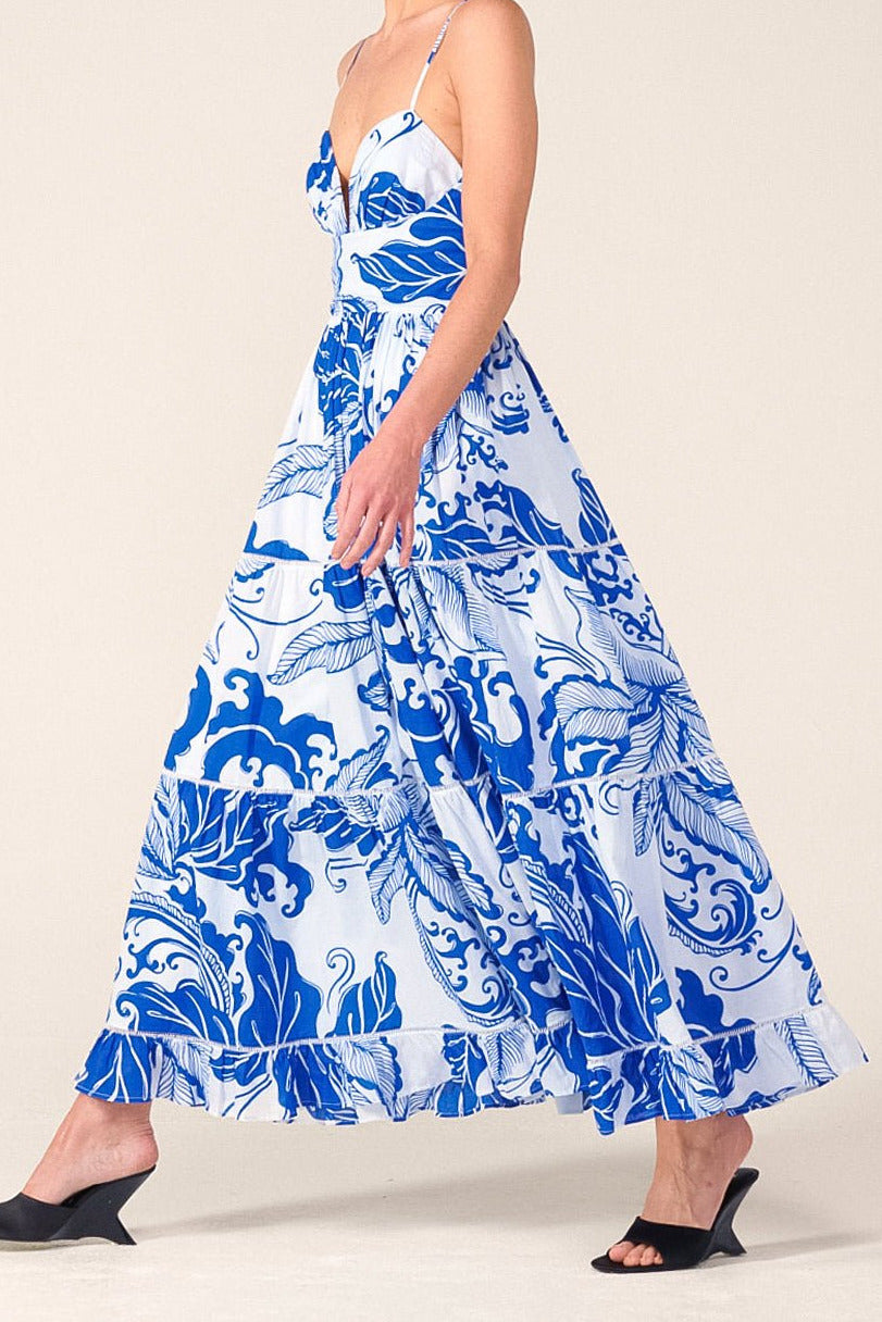 Poupette St Barth Milena long dress in Blue Reef Wave cotton, featuring a flowing design and relaxed fit.
