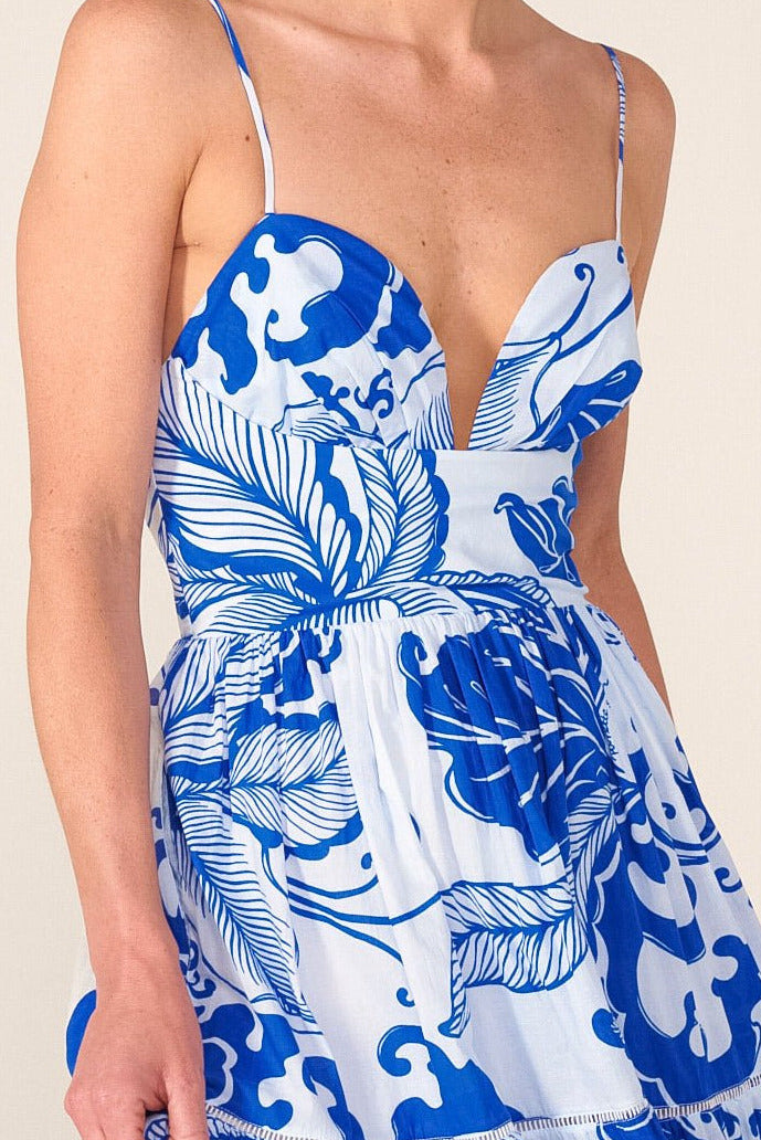 Blue Reef Wave long dress – Long Dress Milena by Poupette St Barth, close-up of sweetheart bodice and thin straps