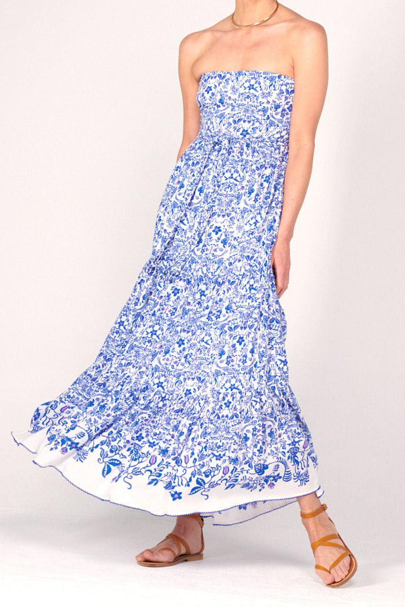 Blue Tiare long dress – Long Dress Thelma by Poupette St Barth, full-length front view with swirling hem