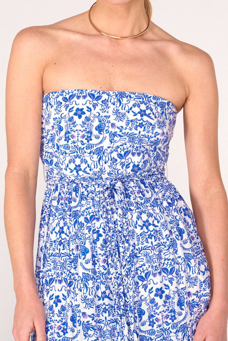 Blue Tiare long dress – Long Dress Thelma by Poupette St Barth, close-up of strapless bodice and print