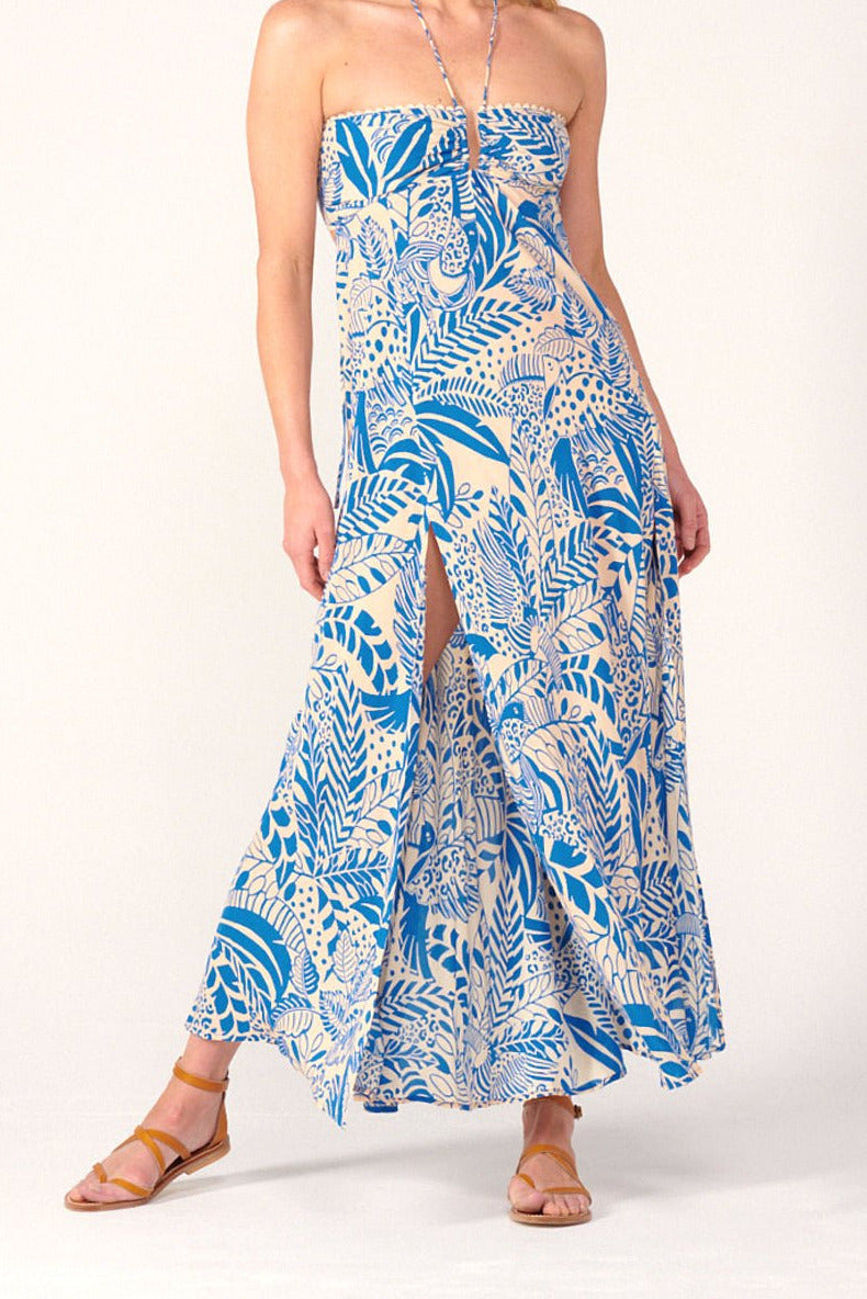Blue Toucan long dress – Long Dress Carla by Poupette St Barth, full-length front view with halter and slit