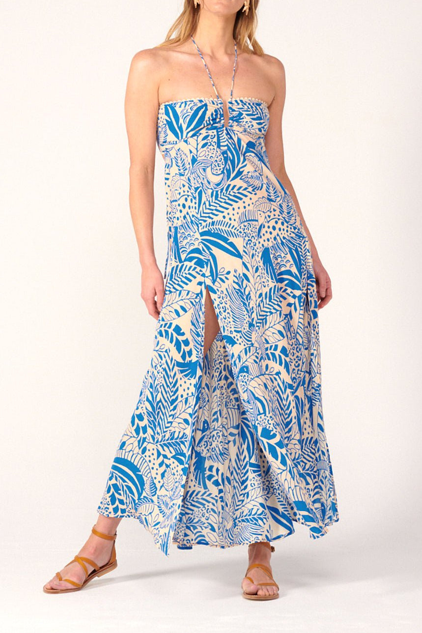 Blue Toucan long dress – Long Dress Carla by Poupette St Barth, full-length front view with halter and slit