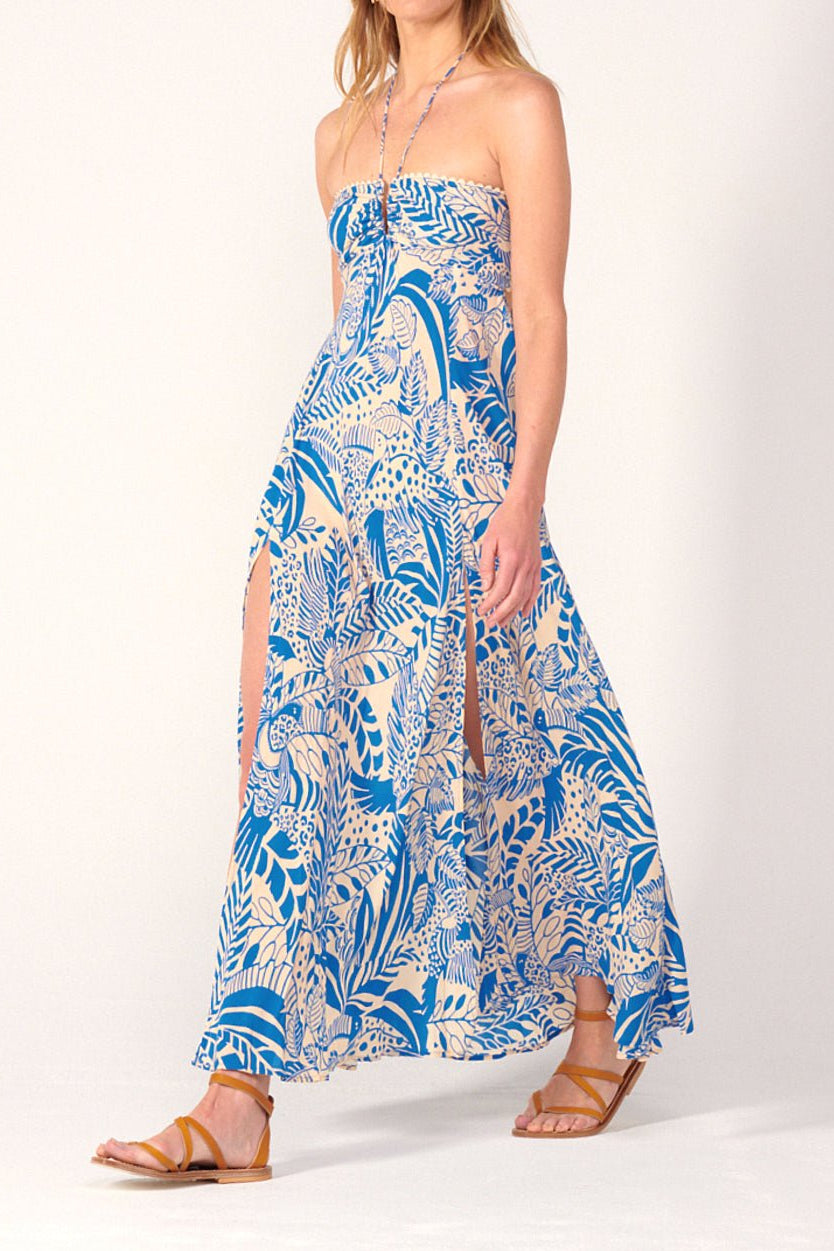 Blue Toucan long dress – Long Dress Carla by Poupette St Barth, walking three-quarter view with front slit