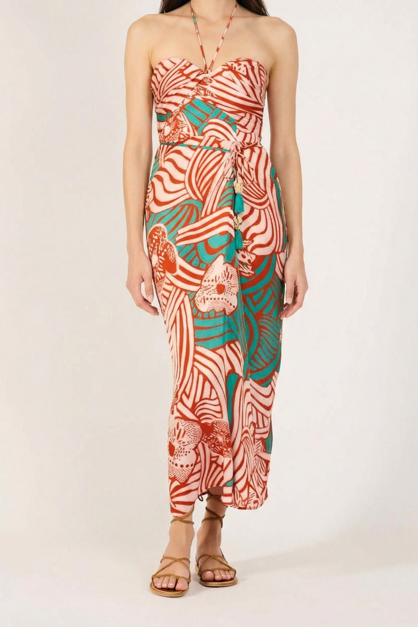 Brick Japonism long dress – Long Dress Collina by Poupette St Barth, front view with halter tie and twist bodice