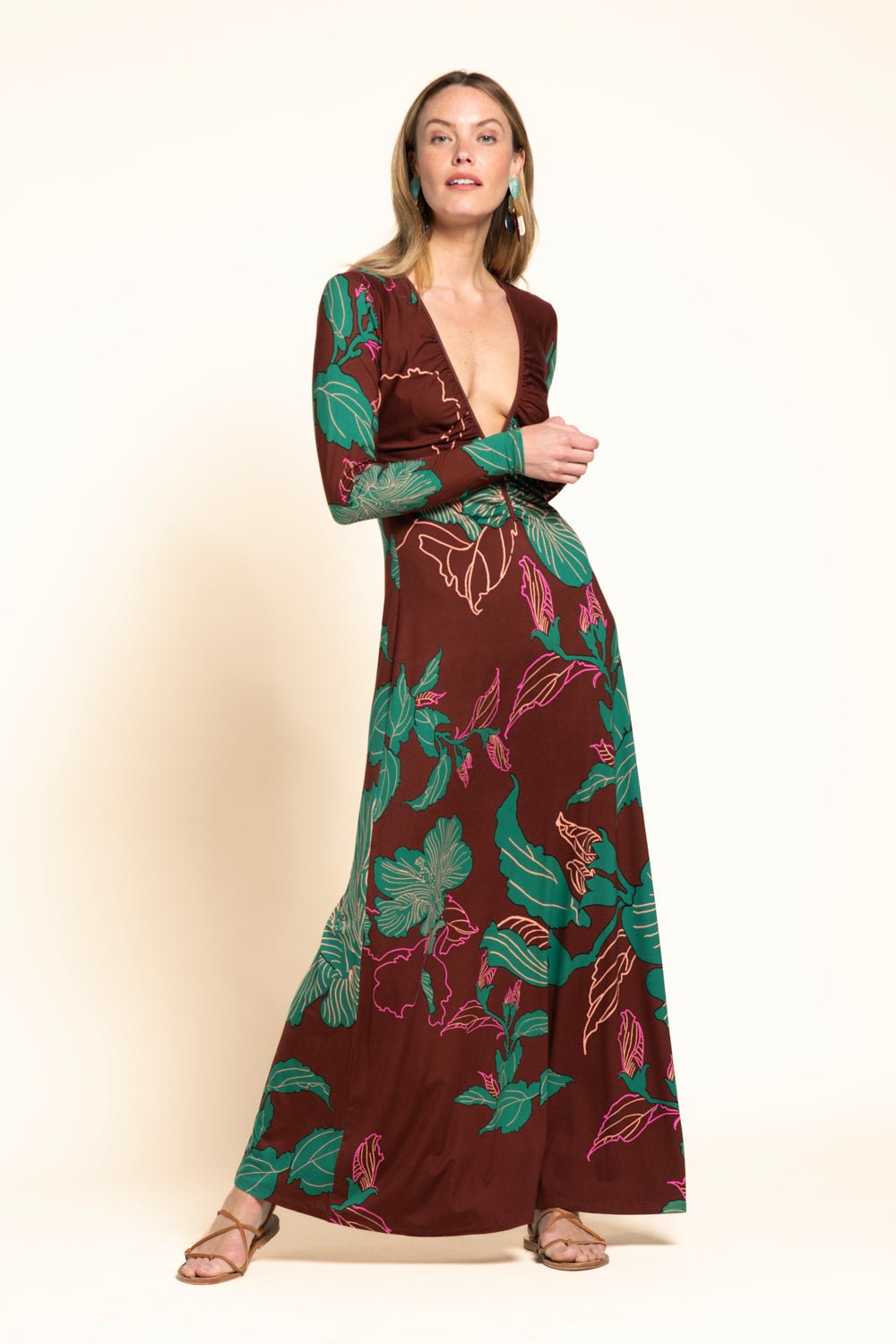 Brown Hibiscus long dress – Long Dress Bossa by Poupette St Barth, front view