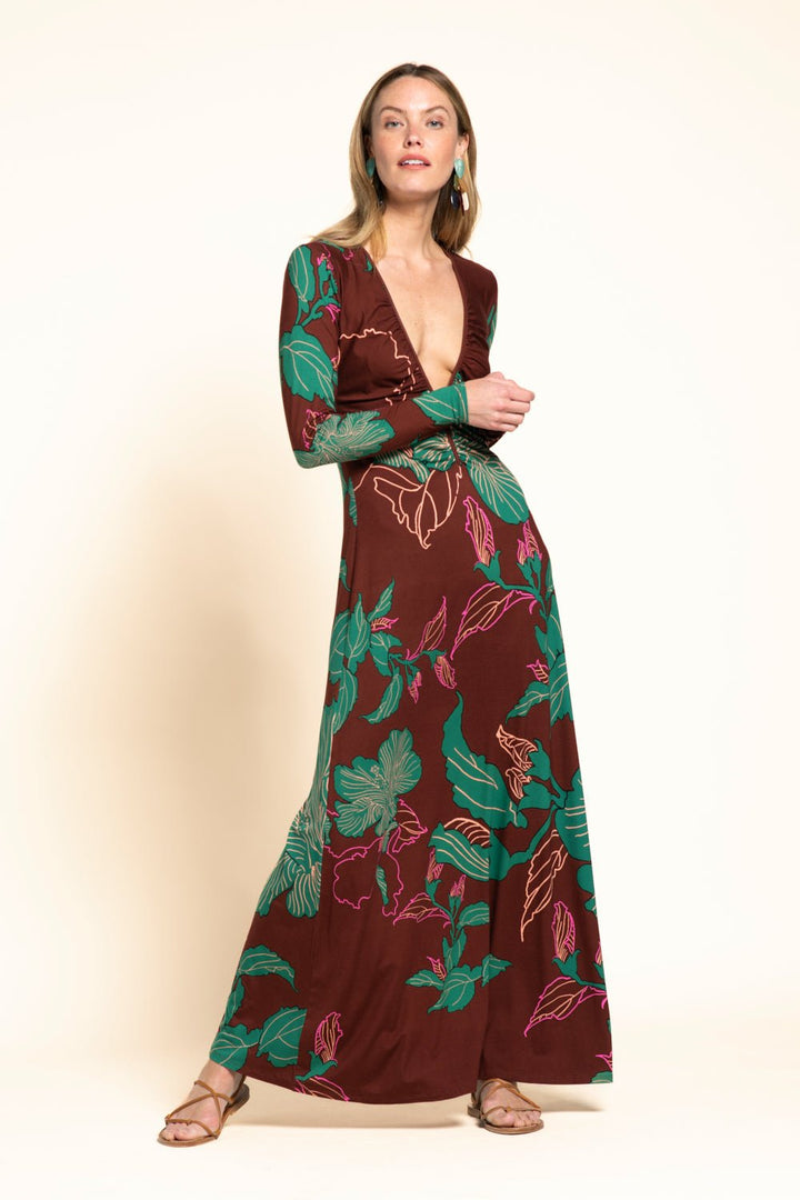 Brown Hibiscus long dress – Long Dress Bossa by Poupette St Barth, front view