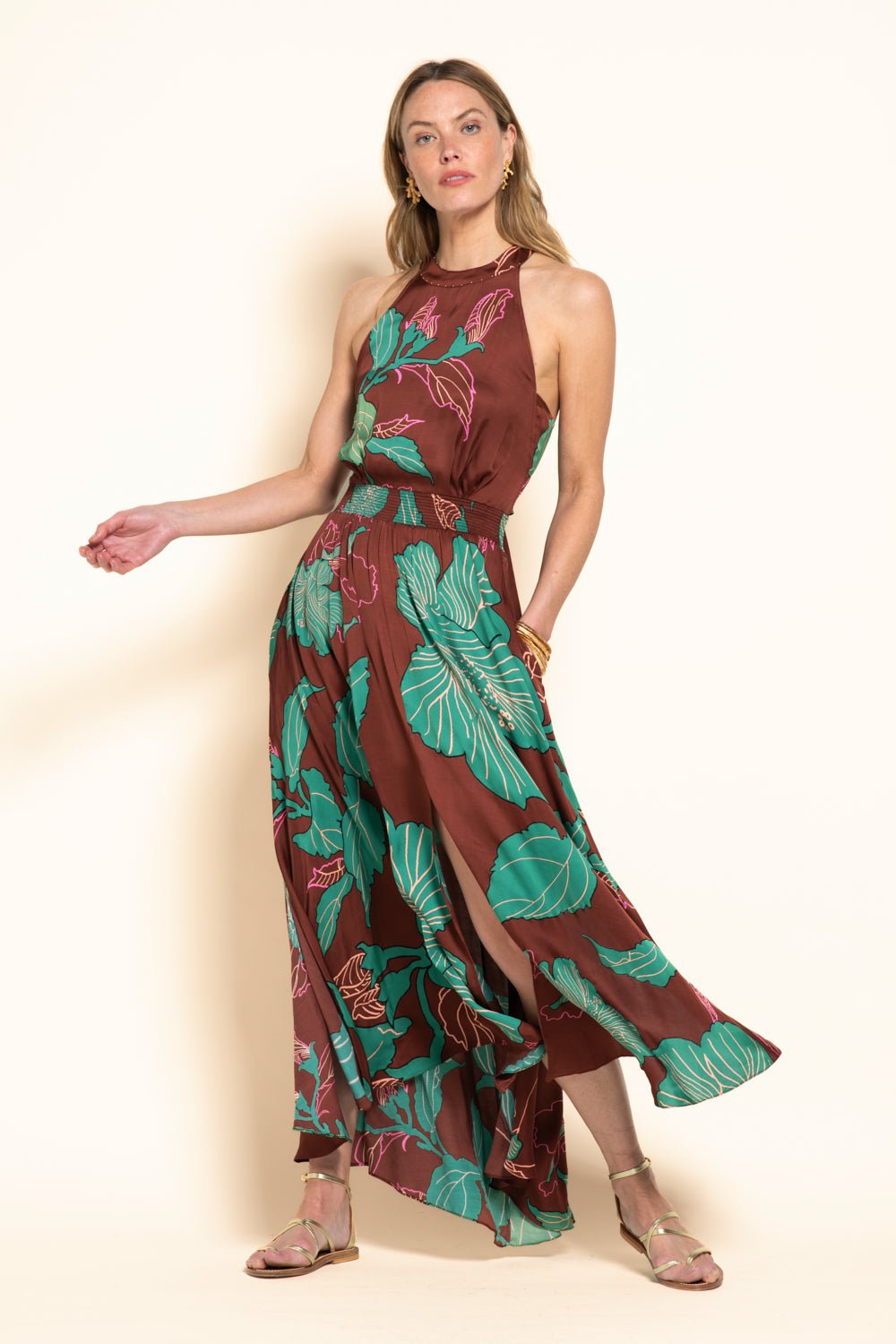Brown Hibiscus long dress – Long Dress Clea by Poupette St Barth, front view