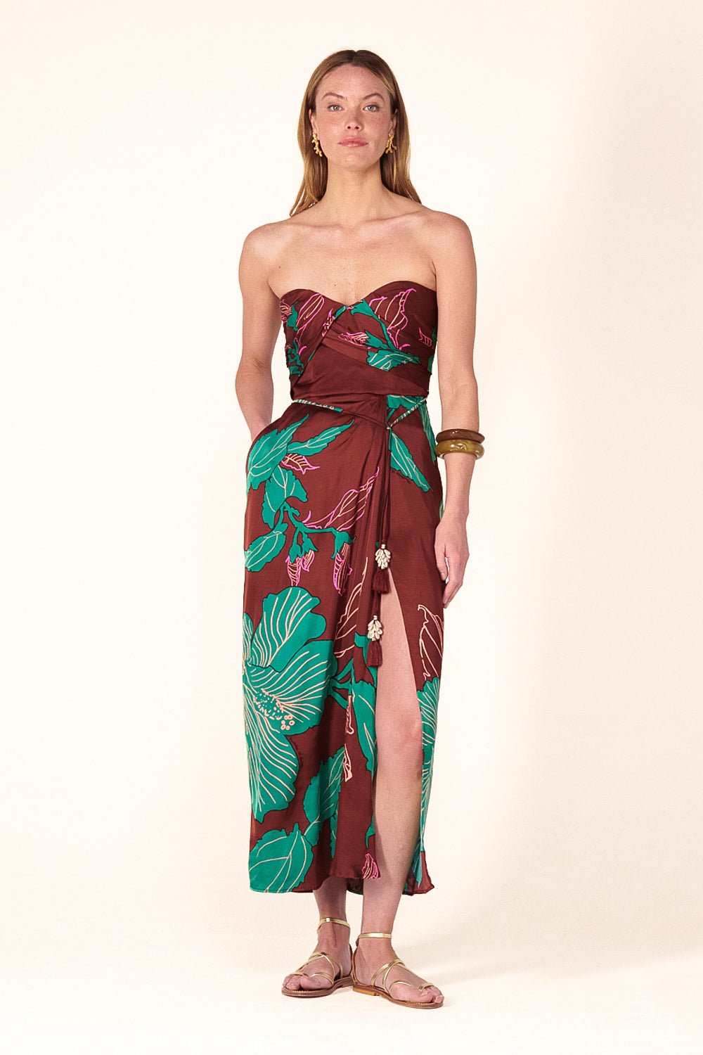 Brown Hibiscus long dress – Long Dress Collina by Poupette St Barth, front view
