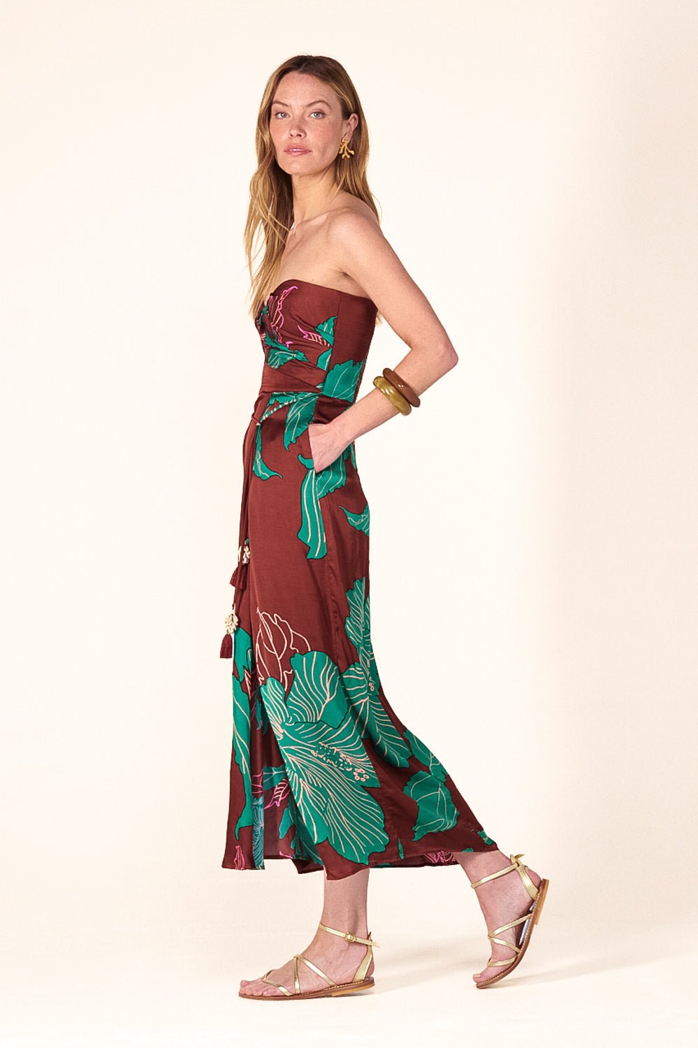 Brown Hibiscus long dress – Long Dress Collina by Poupette St Barth, view 3