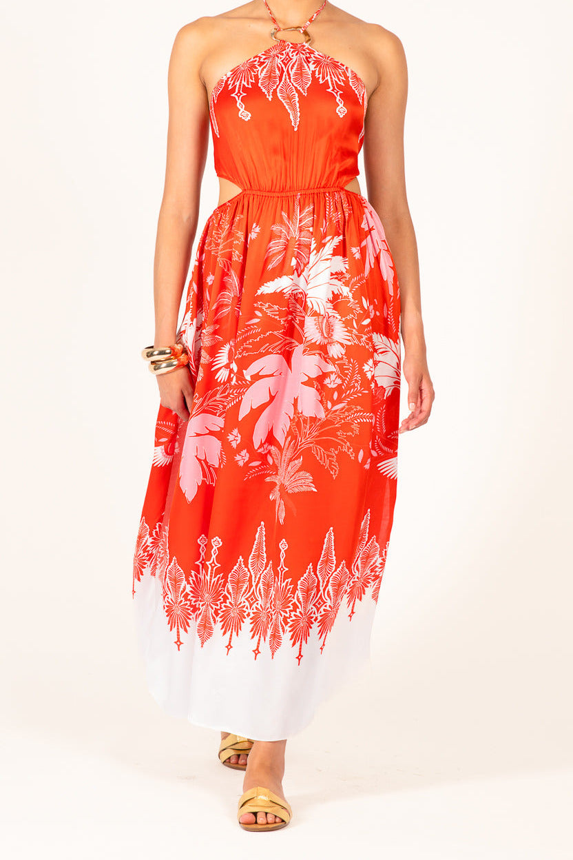 Poupette St Barth Isore long dress in coral canopy with flowing viscose satin fabric, sleeveless design, and elegant style.