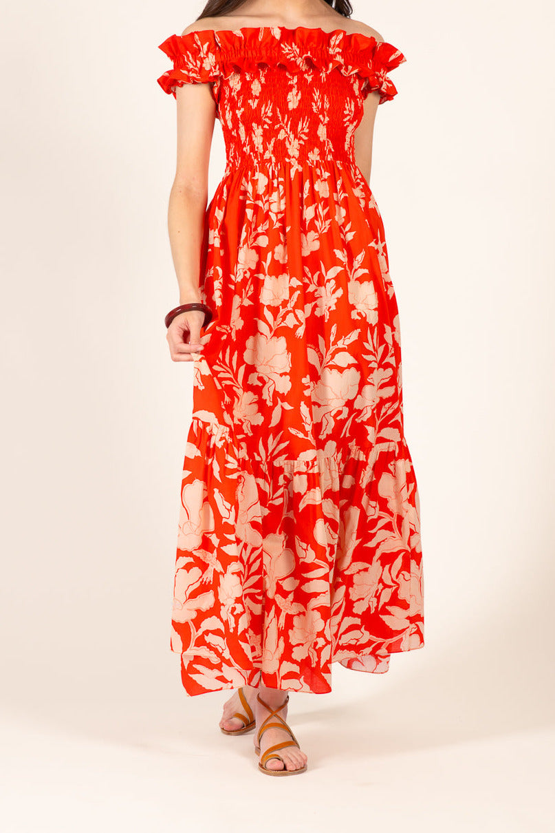 Coral Palm Beach long dress – Long Dress Suzanne by Poupette St Barth, front view of off-the-shoulder smocked dress