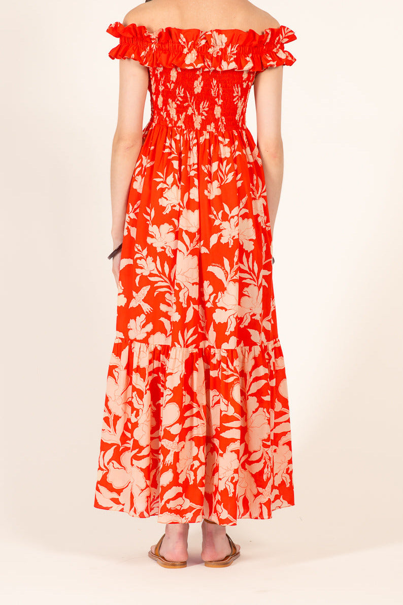 Poupette St Barth Long Dress Suzanne in coral palm print, lightweight cotton fabric, flowy style, perfect for warm weather.