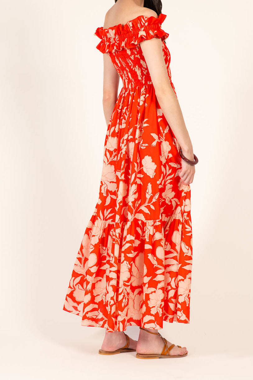 Poupette St Barth Long Dress Suzanne in coral palm print, cotton fabric, flowing style, sleeveless with a fitted waist.