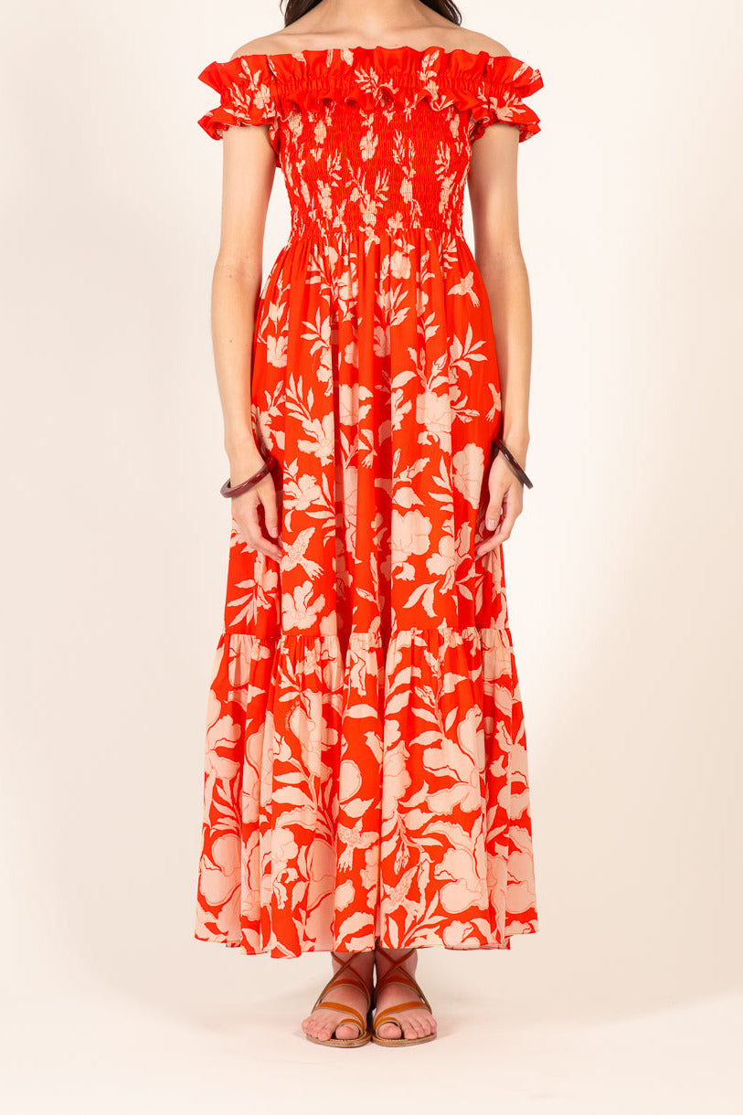 Poupette St Barth Long Dress Suzanne in coral palm beach cotton, flowing style with tropical print, perfect for summer wear.