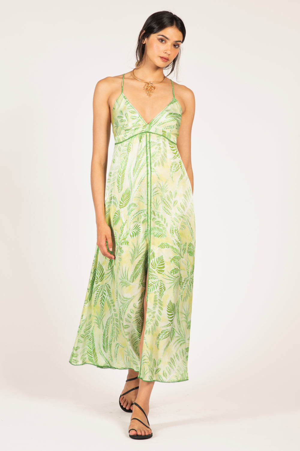 Green Calathea long dress – Long Dress Denise by Poupette St Barth, front view