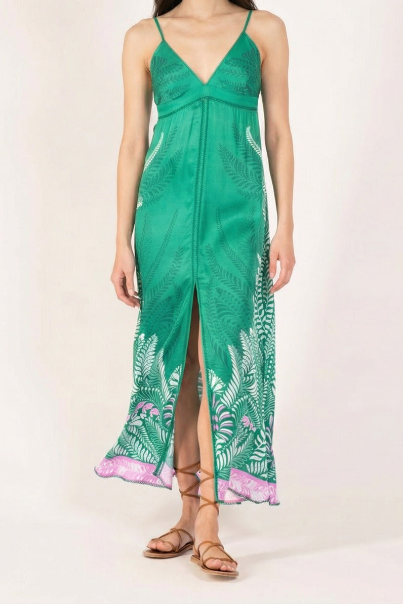 Green Oolong long dress – Long Dress Denise by Poupette St Barth, front view with front slit and thin straps