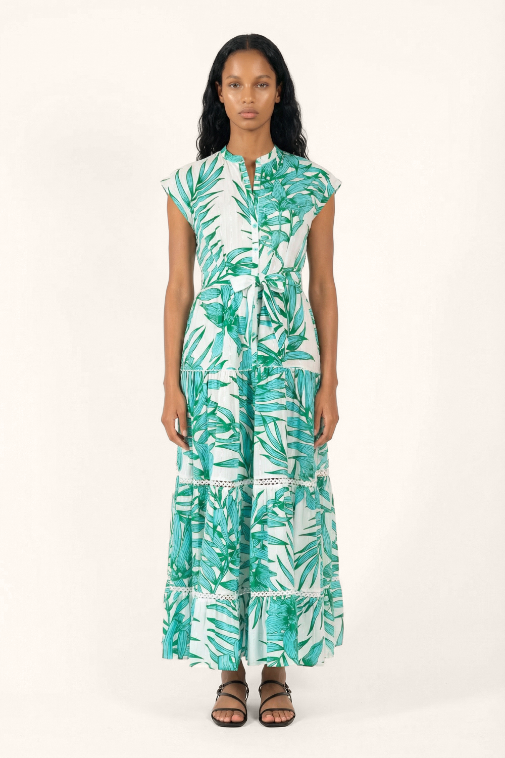Green Palm Leaf long dress – Long Dress Kora by Poupette St Barth, front view