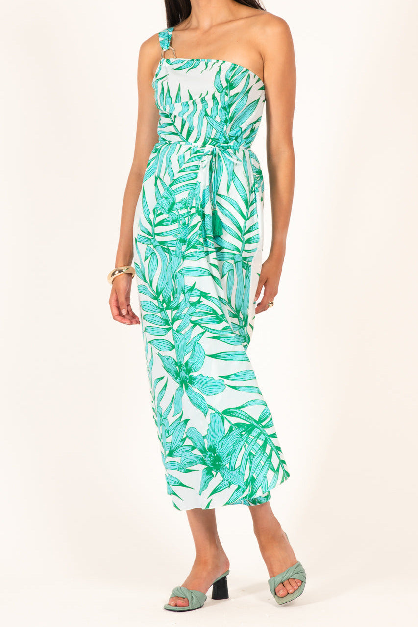 Green Palm Leaf long dress – Long Dress Fanny by Poupette St Barth, front view with one-shoulder neckline