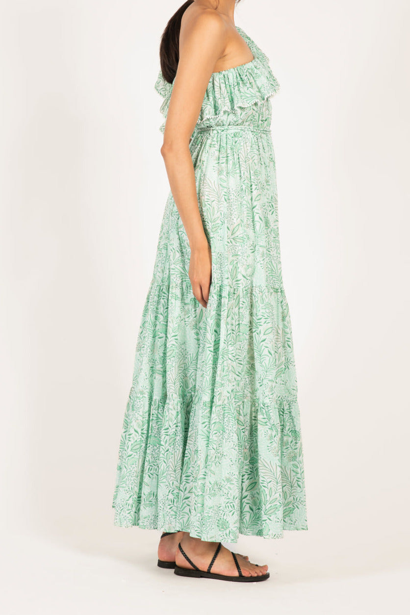 Green Palmarosa Long Dress by Poupette St Barth, lightweight cotton mousseline fabric with a flowing, elegant design.