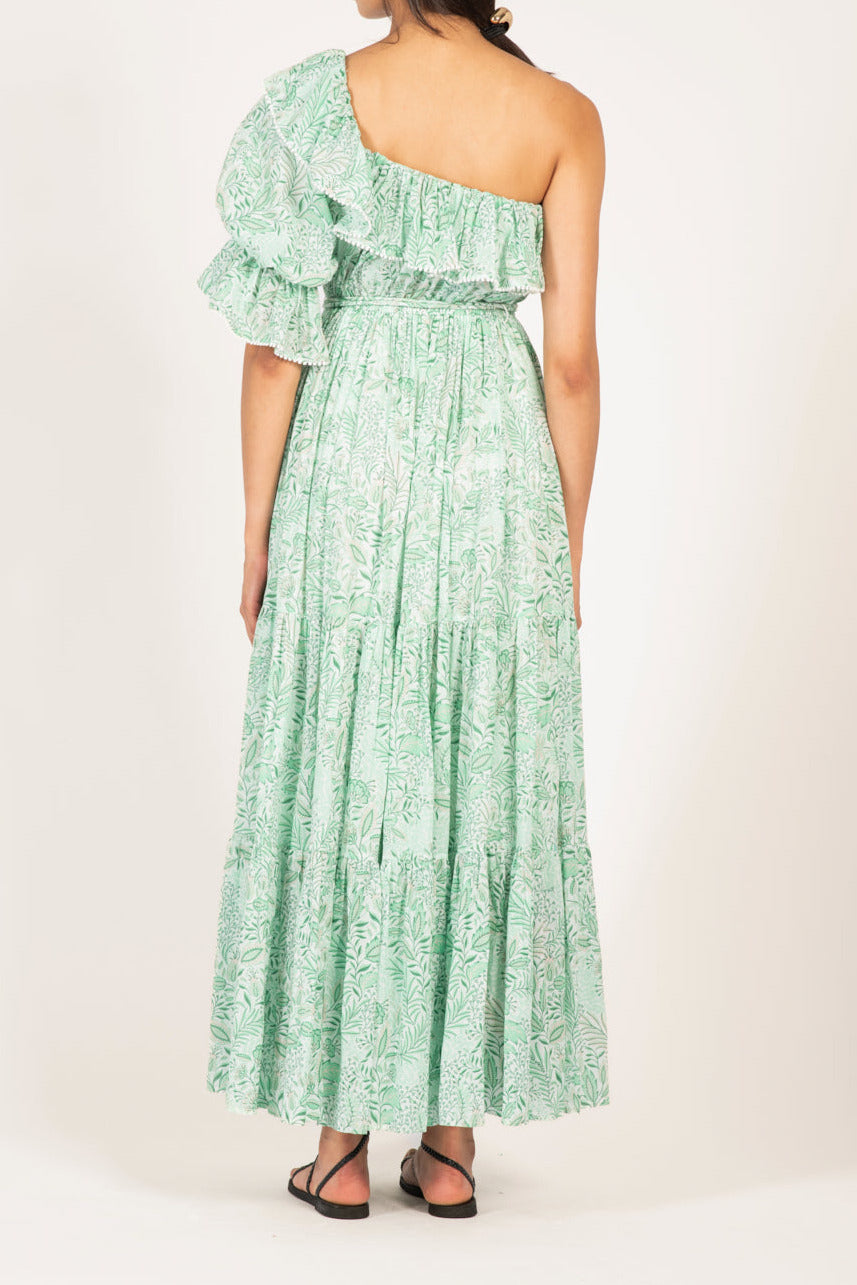 Green Palmarosa long dress by Poupette St Barth, featuring lightweight cotton mousseline fabric and a flowing, elegant design.
