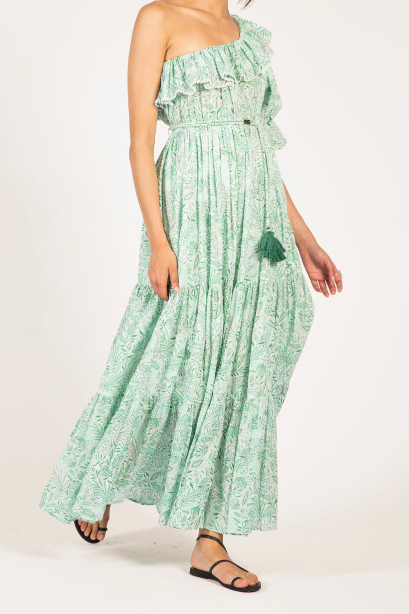 Green Palmarosa Long Dress by Poupette St Barth, lightweight cotton mousseline fabric, flowing design, sleeveless with a relaxed fit.