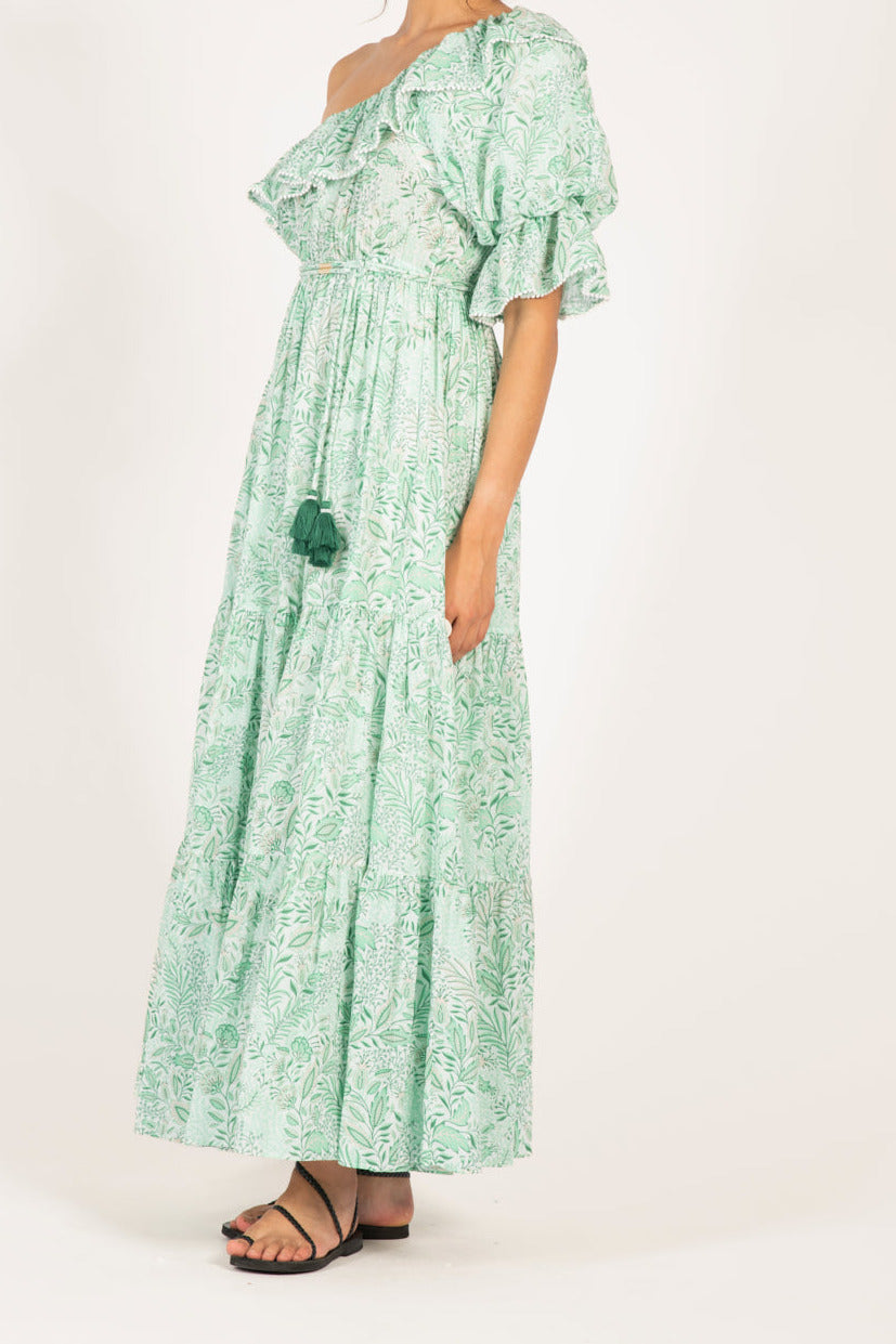 Green Palmarosa Long Dress by Poupette St Barth, featuring lightweight cotton mousseline fabric and a flowing silhouette.