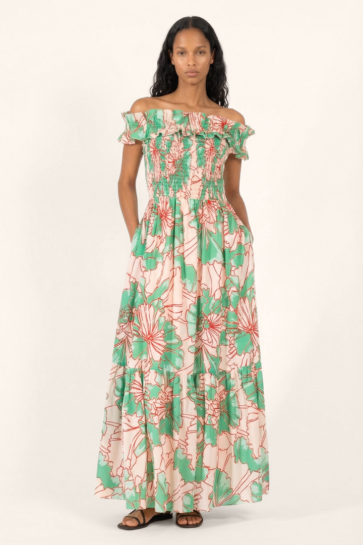Green Petal long dress – Long Dress Suzanne by Poupette St Barth, front view