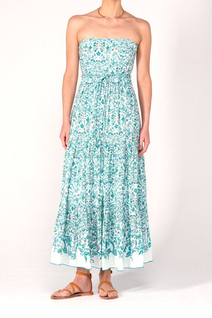 Green Tiare long dress – Long Dress Thelma by Poupette St Barth, full-length front view with drawstring waist