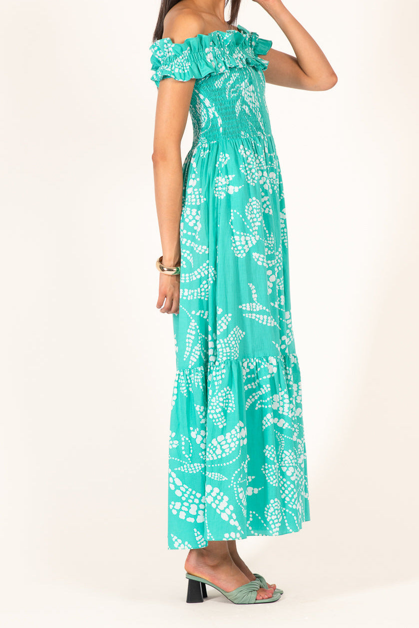 Poupette St Barth Long Dress Suzanne in mint Austral cotton, sleeveless with flowing silhouette and elegant design.