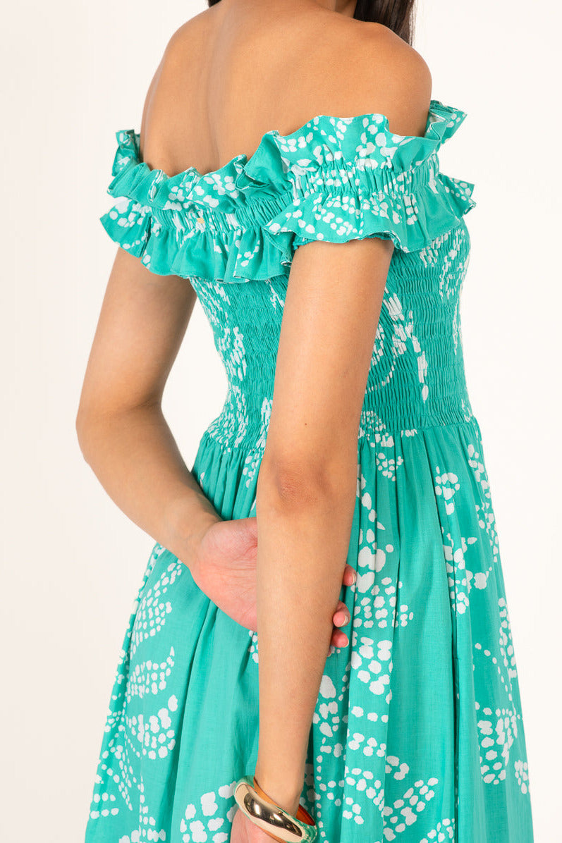 Poupette St Barth Long Dress Suzanne in mint Austral cotton, flowing design with thin straps and a relaxed fit.