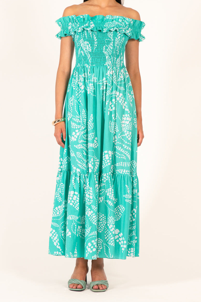 Poupette St Barth Long Dress Suzanne in mint Austral cotton, flowing design with long sleeves and elegant silhouette.