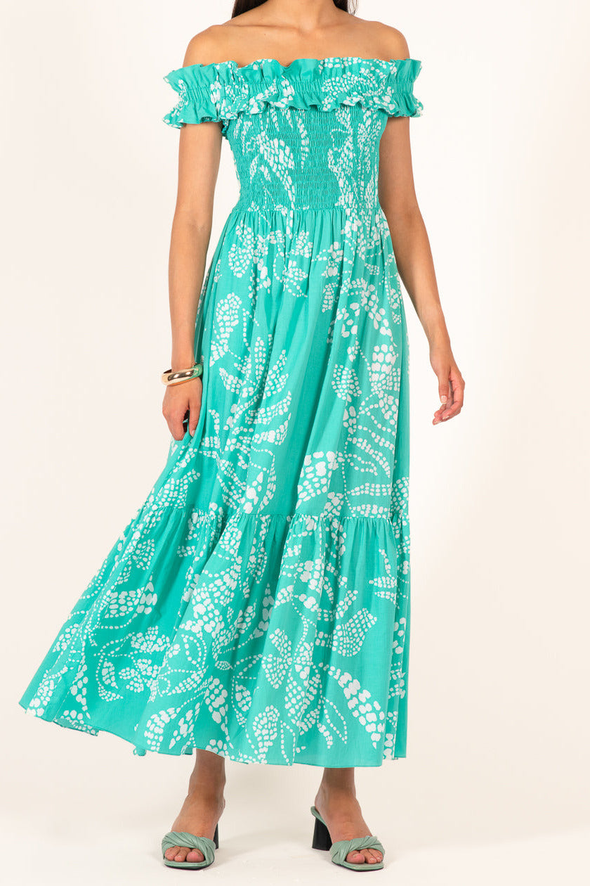 Poupette St Barth Long Dress Suzanne in mint Austral cotton, flowing design with long sleeves and a relaxed fit.