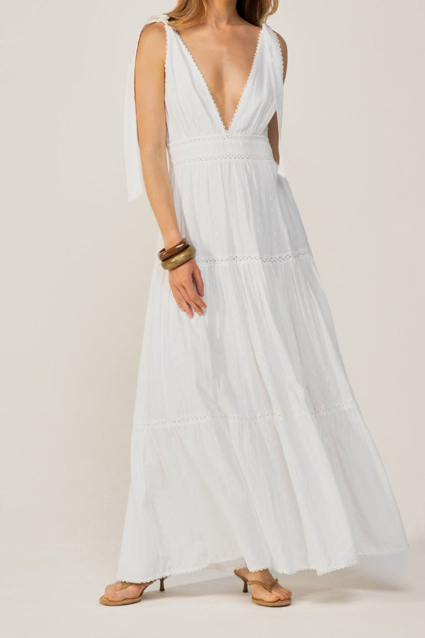 Natural White long dress – Long Dress Perla by Poupette St Barth, full-length front view with tie shoulders