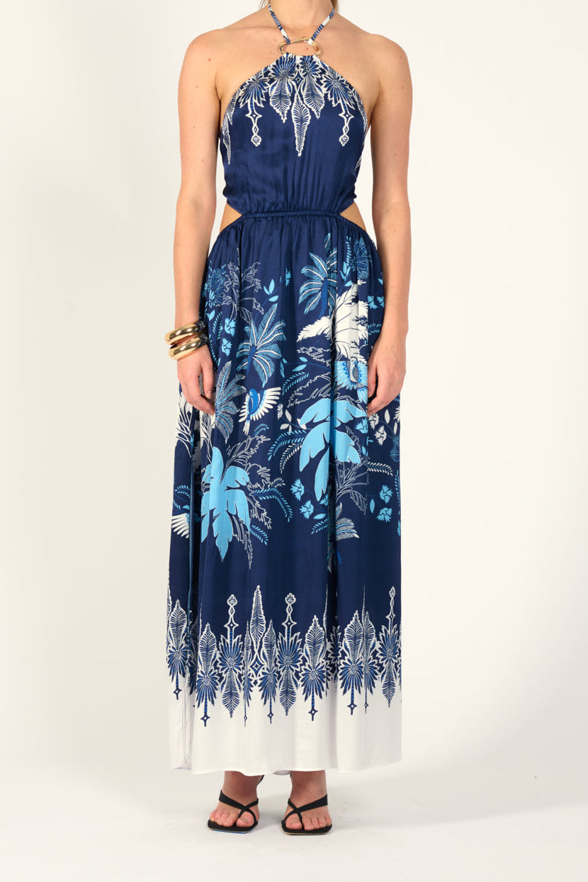 Poupette St Barth Isore navy canopy long dress made of satin and viscose, shown in a flowing, elegant design.