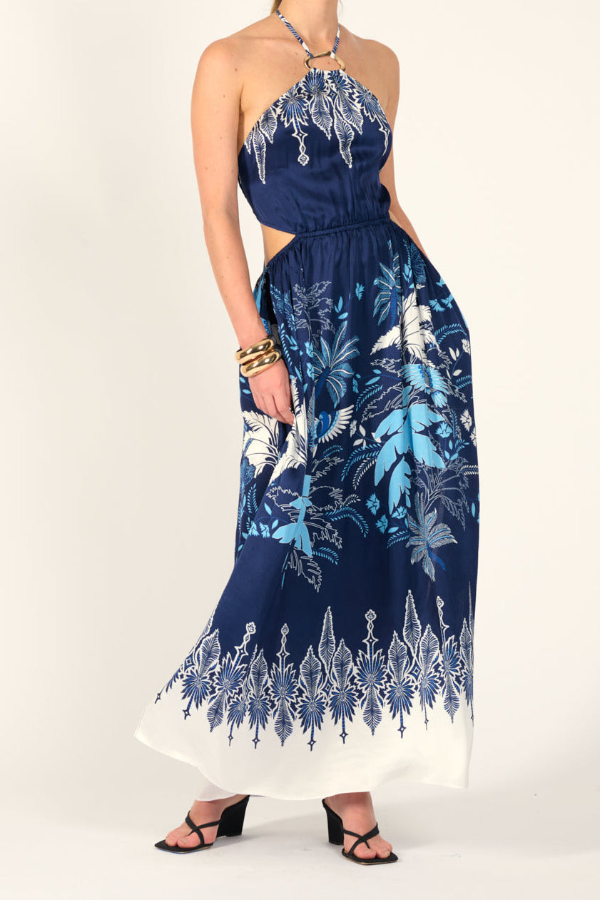 Long Navy Canopy satin dress by Poupette St Barth, flowing long dress with a relaxed fit and elegant fabric.