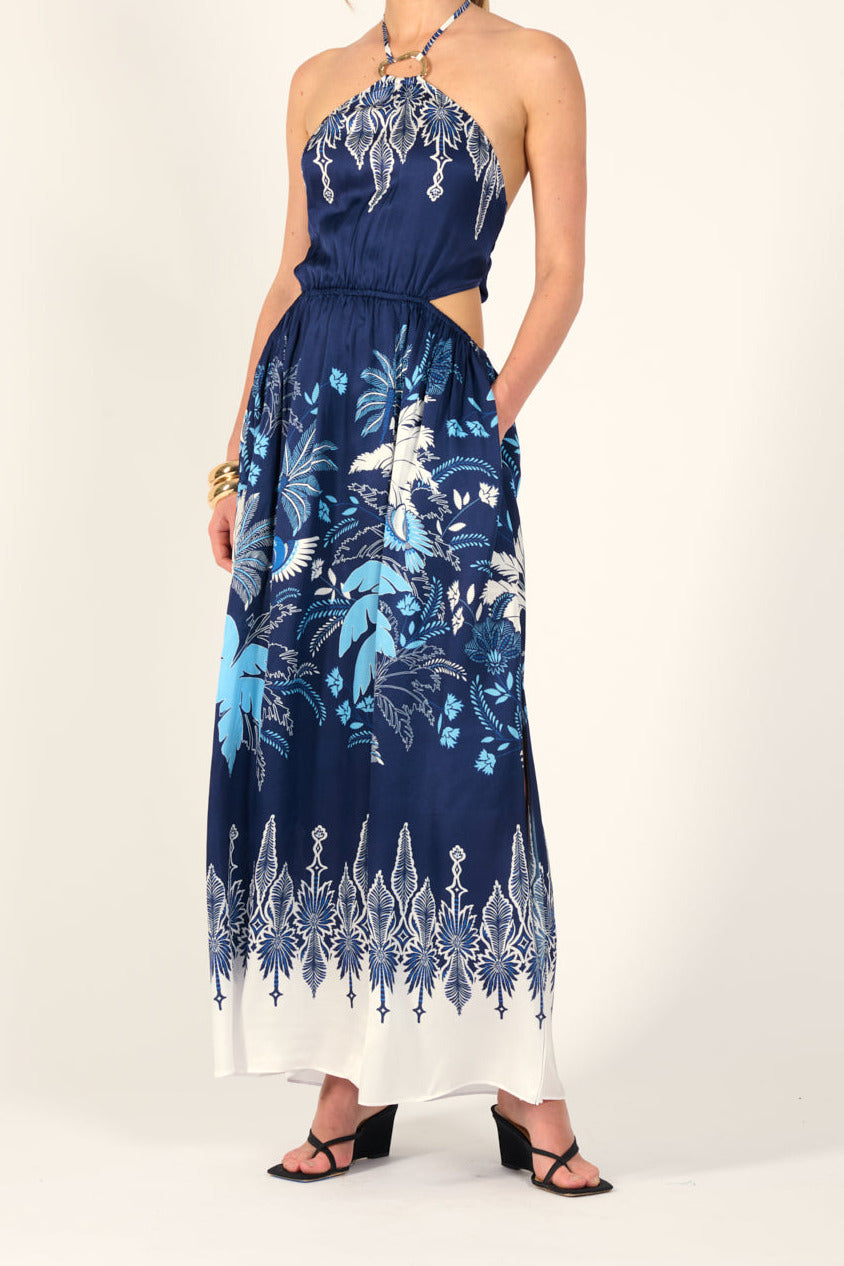 Poupette St Barth Long Dress Isore in navy canopy, lightweight viscose satin fabric, flowing silhouette, XS size, on a hanger.