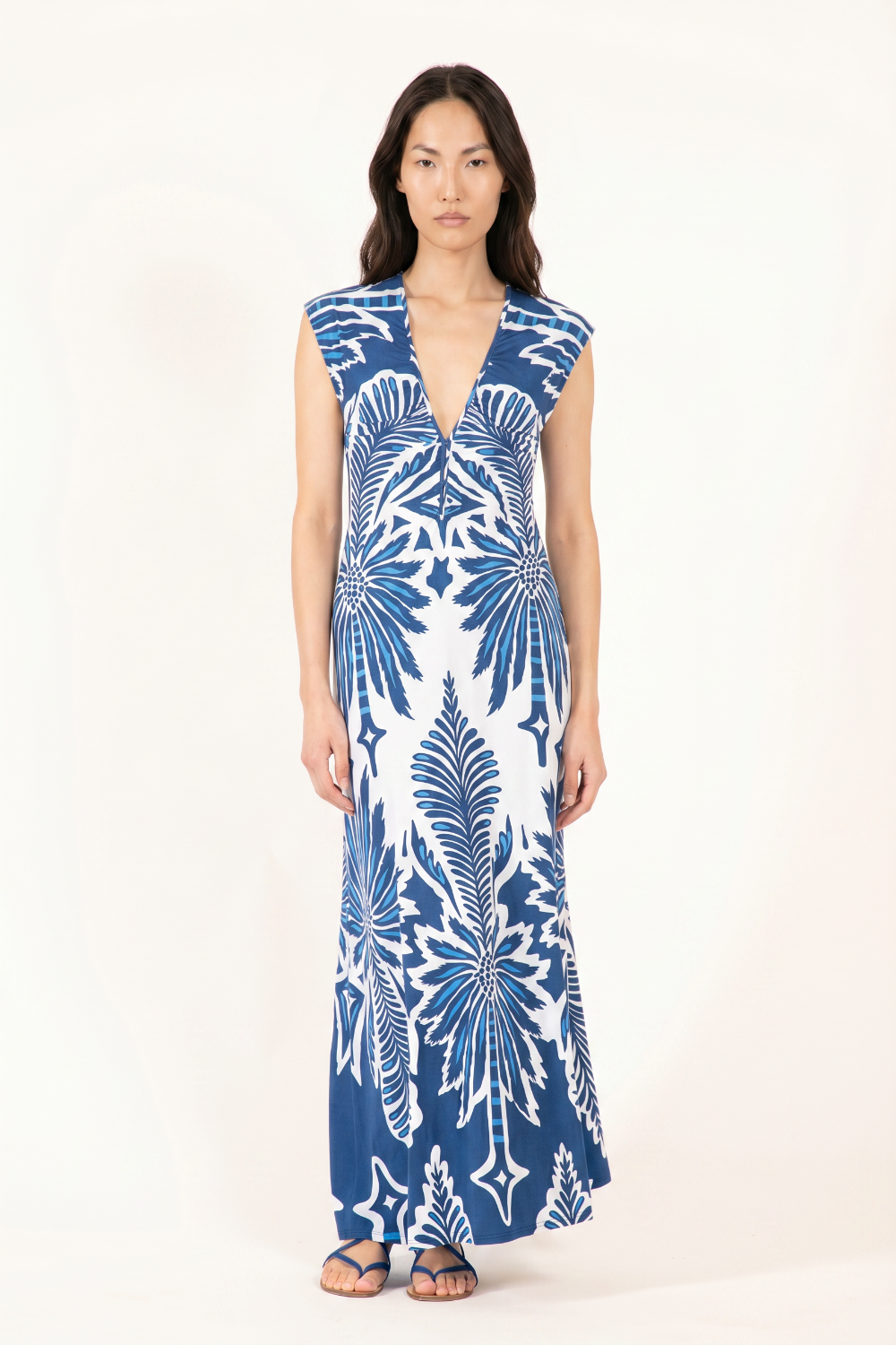 Navy Cartagena long dress – Long Dress Nova by Poupette St Barth, front view with deep v-neck