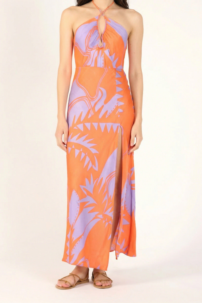 Orange Oasis long dress – Long Dress Stella by Poupette St Barth, front view with keyhole halter and leg slit