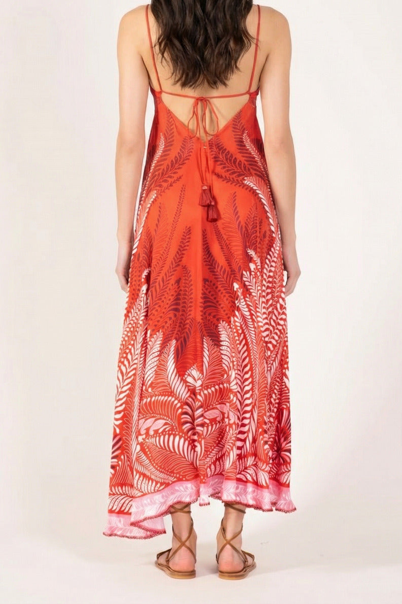 Poupette St Barth Long Dress Denise in orange oolong satin, featuring a flowing silhouette and elegant design.