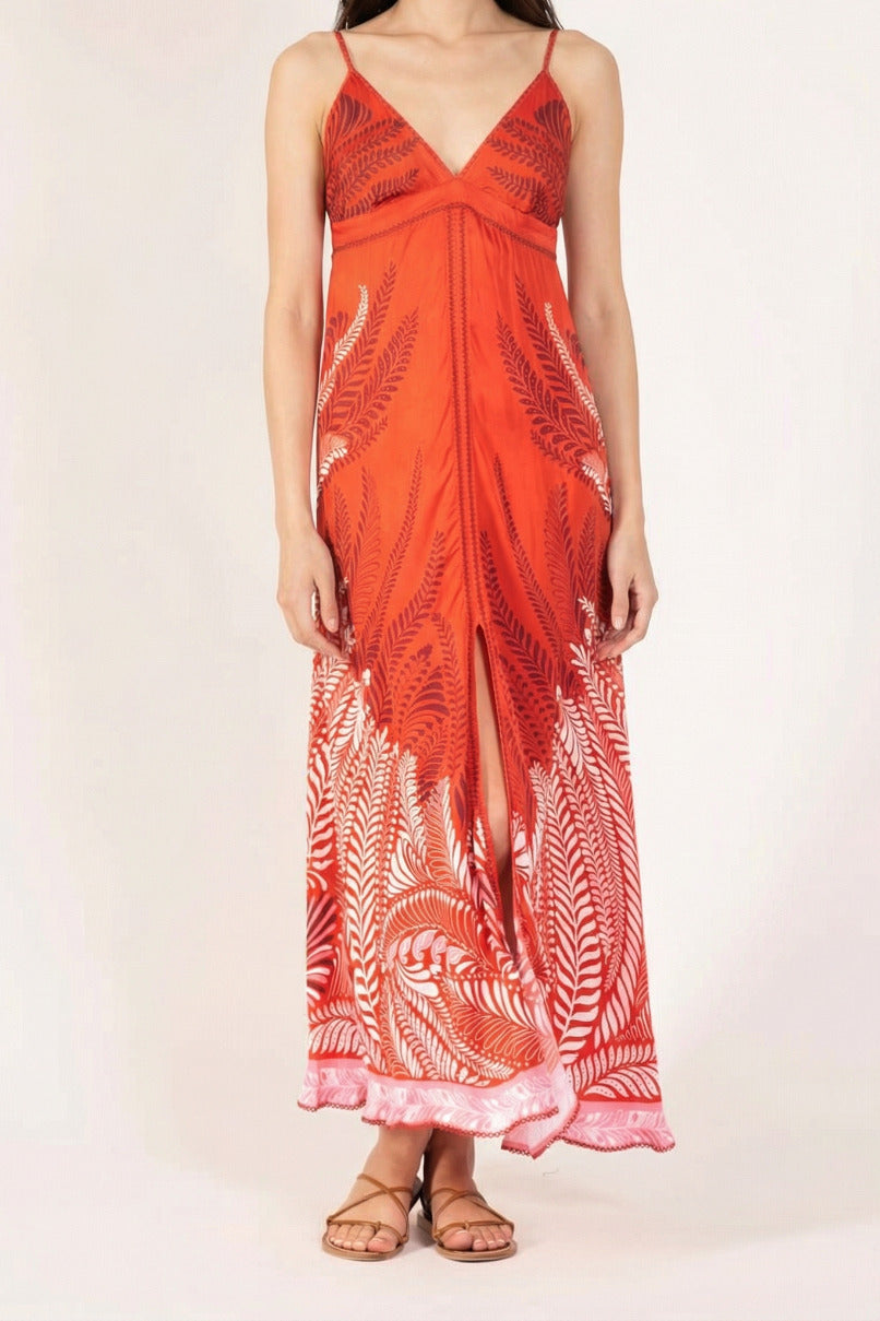 Poupette St Barth Long Dress Denise in orange oolong satin, flowing design with long sleeves and elegant silhouette.