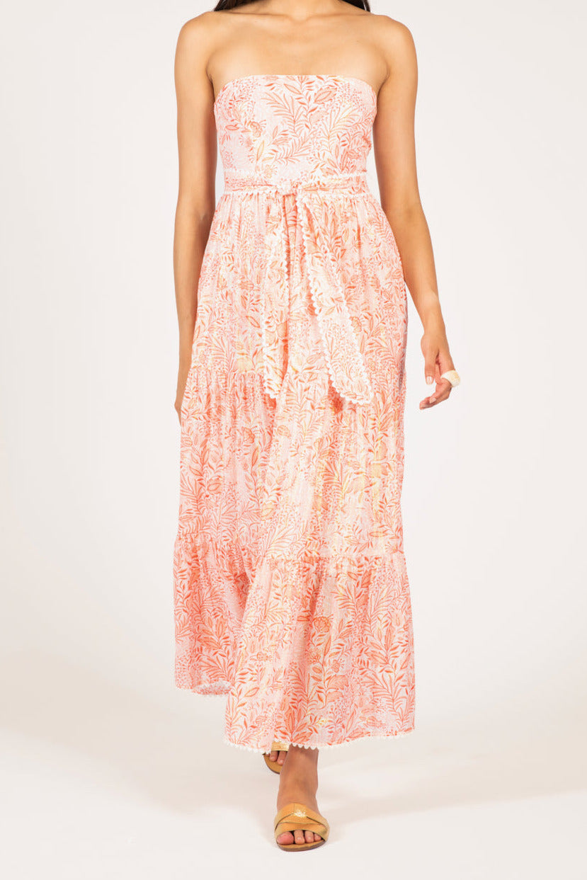 Orange Palmarosa long dress – Long Dress Thelma by Poupette St Barth, front view of strapless tiered dress with tie belt