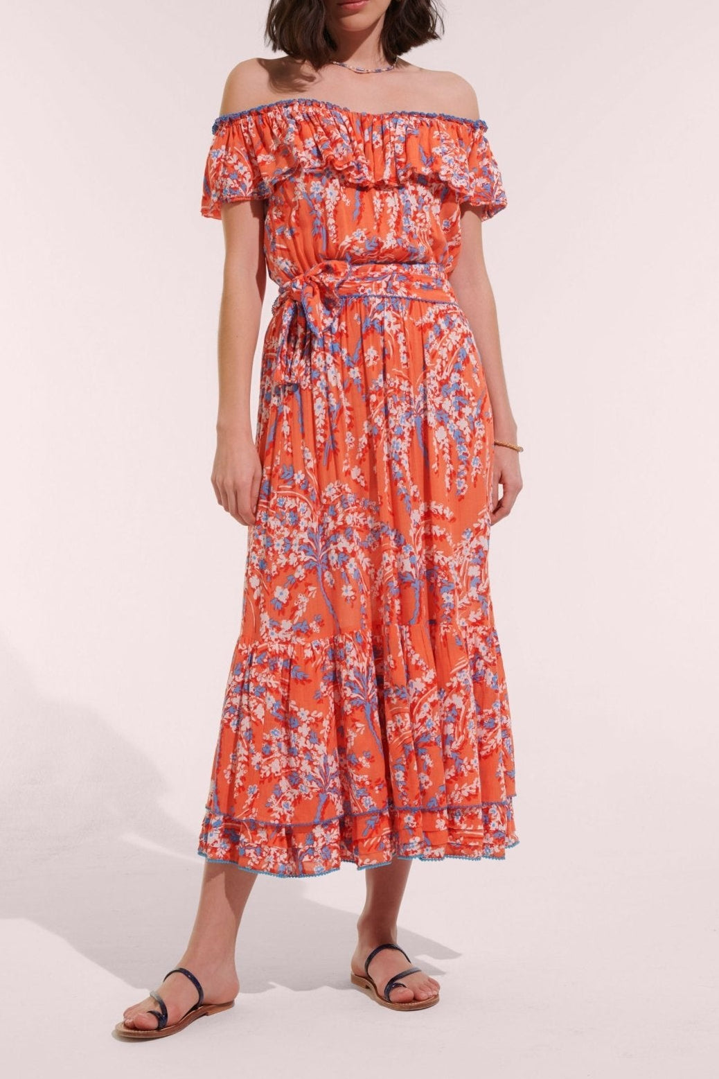 Orange Palmery long dress – Long Dress Bella by Poupette St Barth, front view