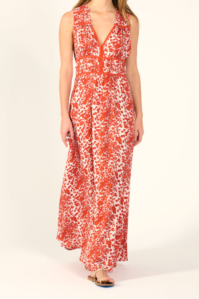 Poupette St Barth Long Dress Chiara in paprika Aquaflora, lightweight viscose fabric, sleeveless style, elegant flowy silhouette.