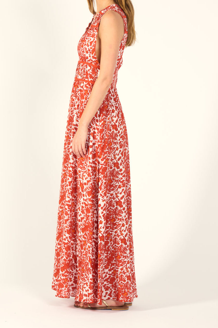 Poupette St Barth Long Dress Chiara in Paprika Aquaflora with flowing viscose fabric, sleeveless design, and elegant silhouette.