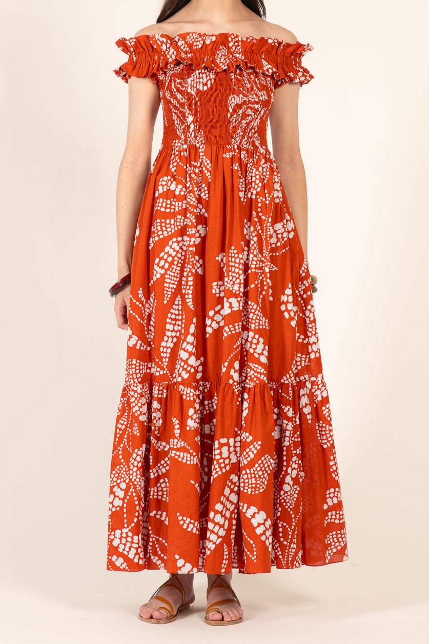 Poupette St Barth Long Dress Suzanne in paprika Austral cotton, featuring a flowing design and elegant silhouette.